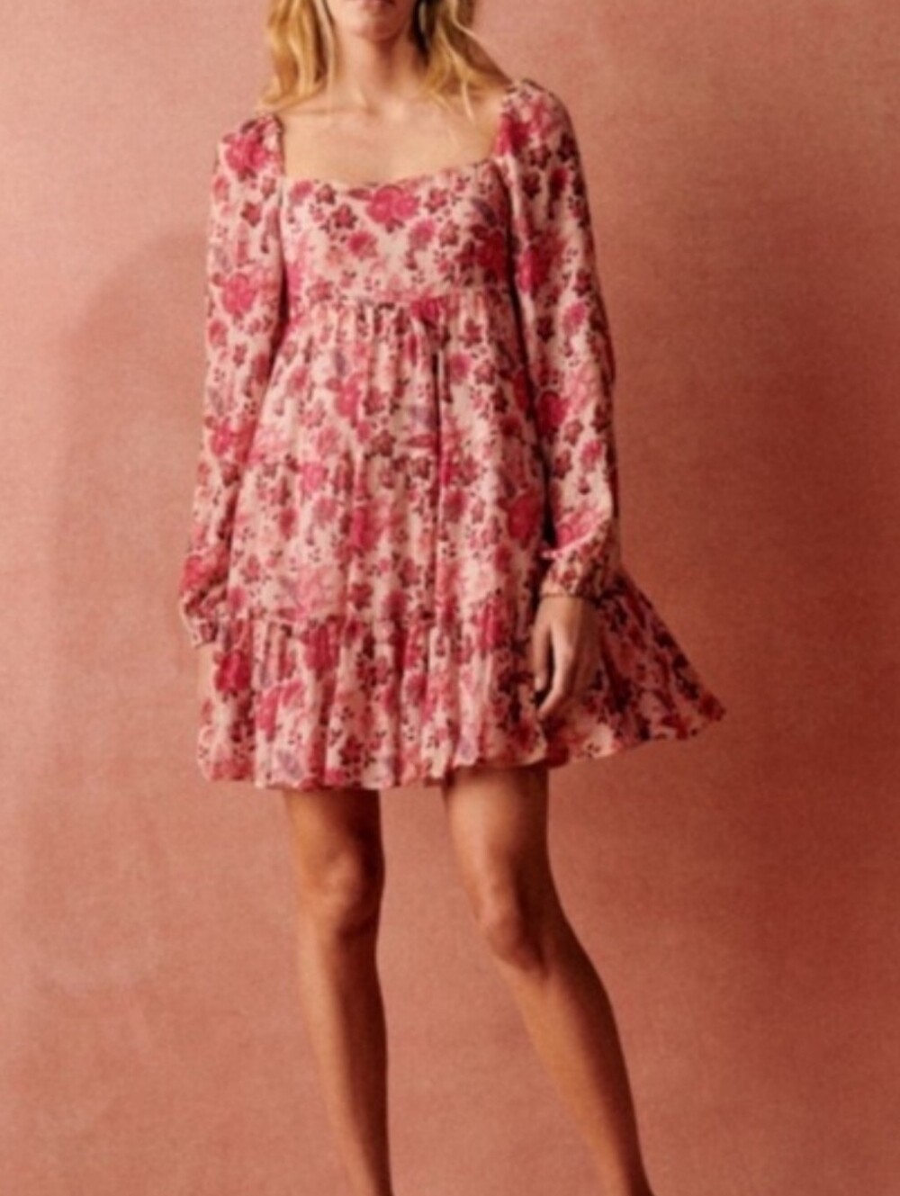 SÊZANE Joyce Floral Tiered Mini Dress Long Semi-Sheer Sleeves Sz 36 FR (US Sz 4)